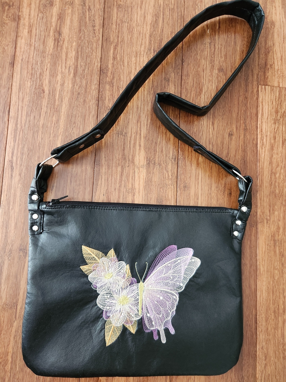 Handmade Black Leather Crossbody Bag Embroidered Butterfly And Flowers Purse